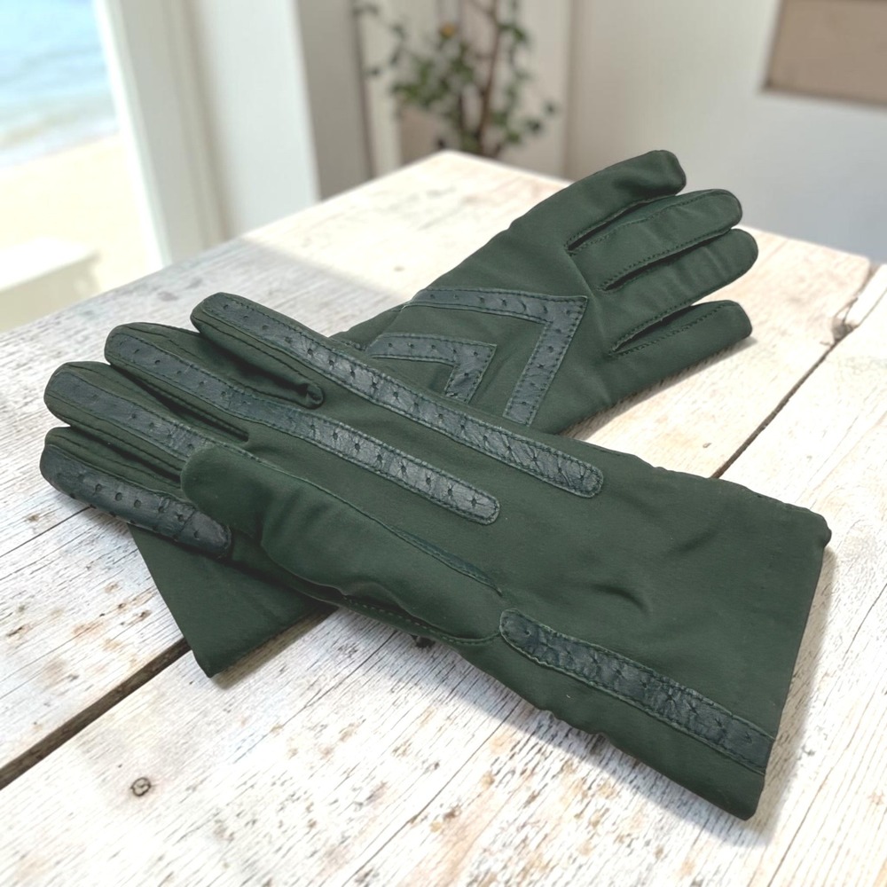 Vintage Driving Gloves Isotoner Forest Green Nylon Leather Trim Chevron Retro